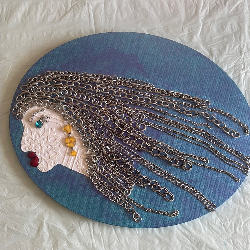 Repurposed Up cycled silver chains wallpaper face jewelry handmade unique